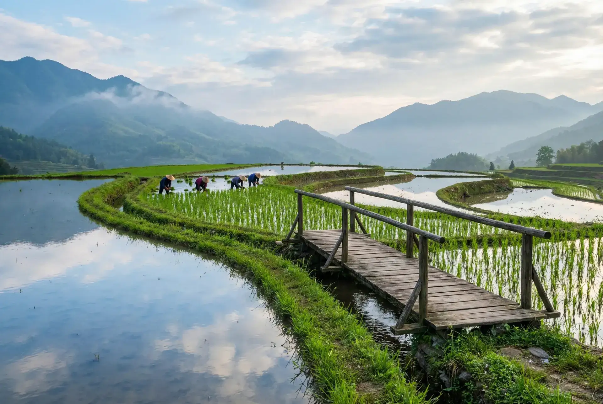层叠梯田倒映天光，农人在水田间劳作 - s3什么时候结束 田园风光