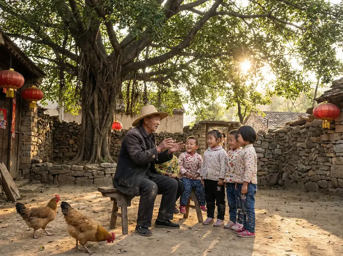 老人在大榕树下给孩子们讲故事 - s3什么时候结束 乡村记忆